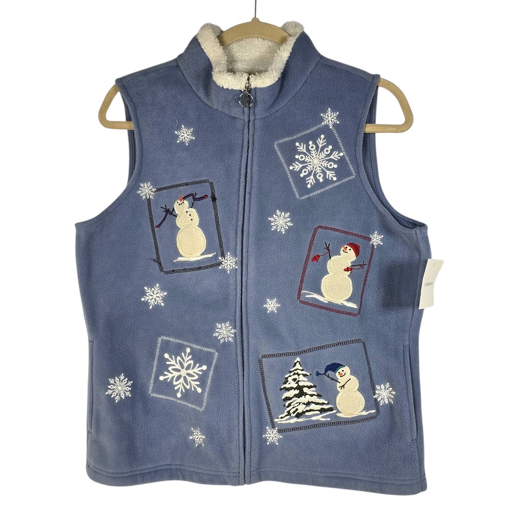 Croft & Barrow Womens Blue Fleece‎ Snowman Embroidered Zip Up Vest Small NWT
